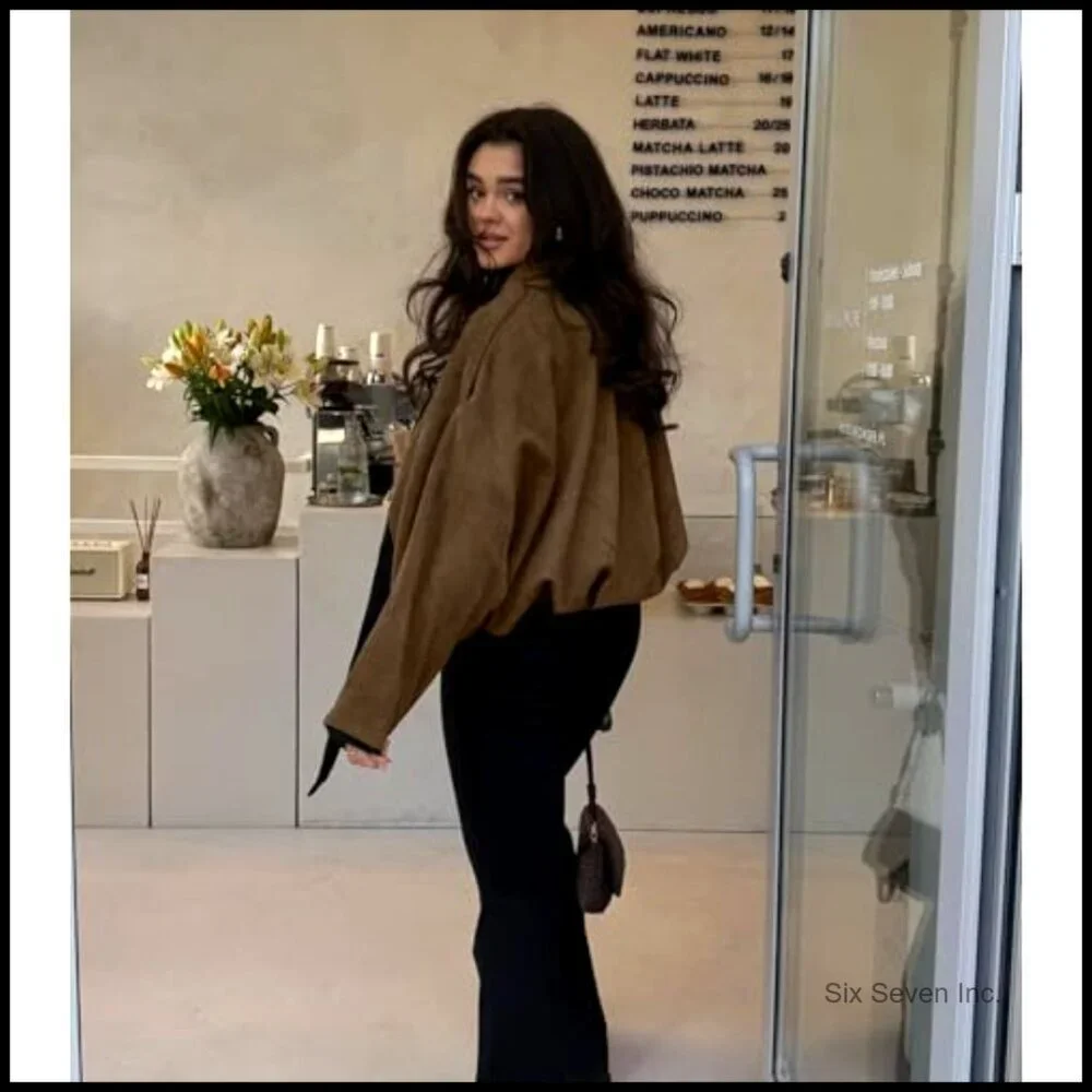 Faux Suede Bomber Jacket Oversized Lapel Long Dolman Sleeves Streetwear Chic - Picture 2 of 7